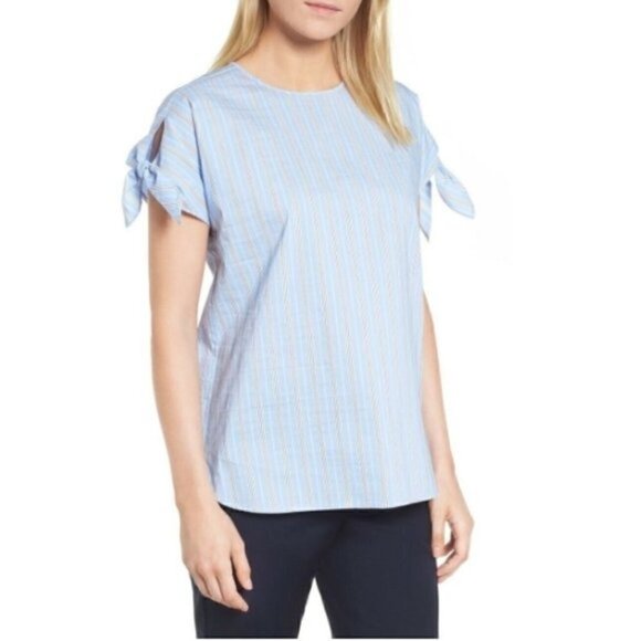 Nordstrom Signature Top XS NWT Tie-Sleeve Striped Luxury Spring Pastel Blue - Picture 1 of 10